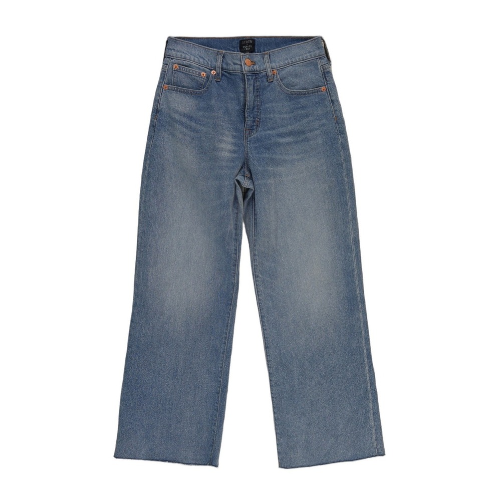 J.Crew Wide Leg Crop Jeans Women's Size 26 Blue High Rise Raw Hem Medium Wash